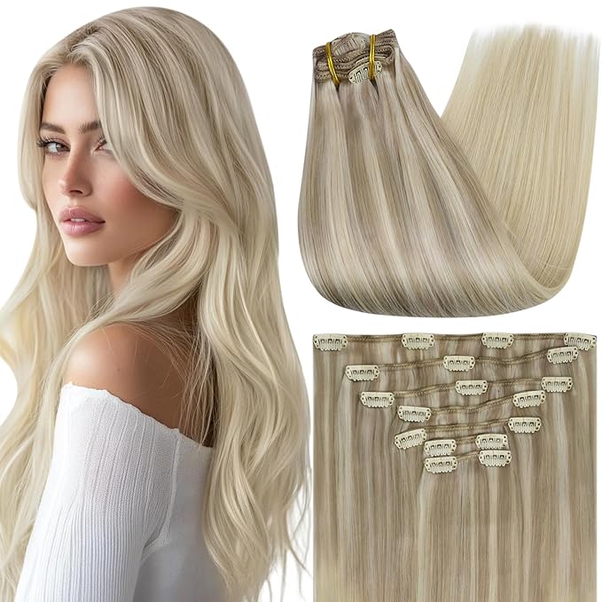 Full Shine Clip in Blonde Hair Extensions Real Human Hair Clip in Extensions for Short Hair Balayage Ash Blonde Double Weft Brazilian Straight Hair Extensions 12 Inch 7 Pcs 95 G
