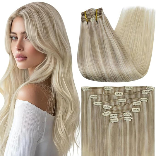 Full Shine Clip in Blonde Hair Extensions Real Human Hair Clip in Extensions for Short Hair Balayage Ash Blonde Double Weft Brazilian Straight Hair Extensions 12 Inch 7 Pcs 95 G