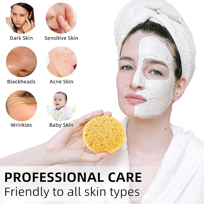 60-Count Compressed Facial Sponges|100% Natural Kickleen Cellulose Cosmetic Spa Sponges for Daily Facial Cleansing|Makeup and Mask Removal | Exfoliating | Skin Massage | Pore Exfoliation (Yellow)