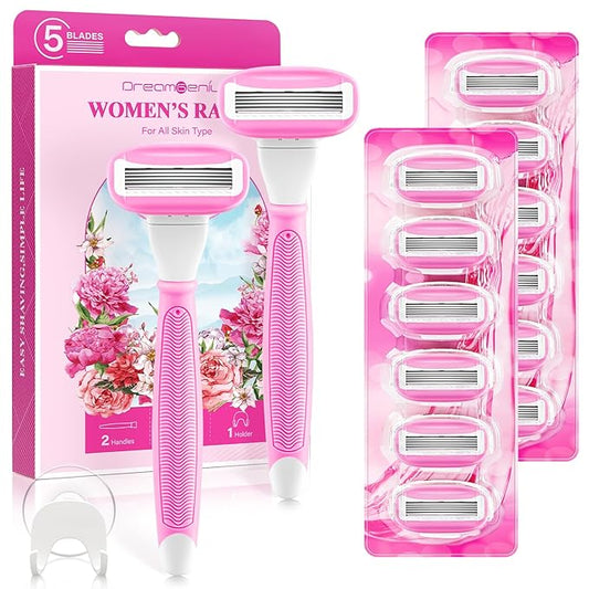 DreamGenius Razors for Women Include 2 Non-Slip Handles and 14 Blade Refills with a Shower Holder, 5 Premium Blades Women's Razors for Shaving with 360° Lubrication Reduces Irritation, Pink