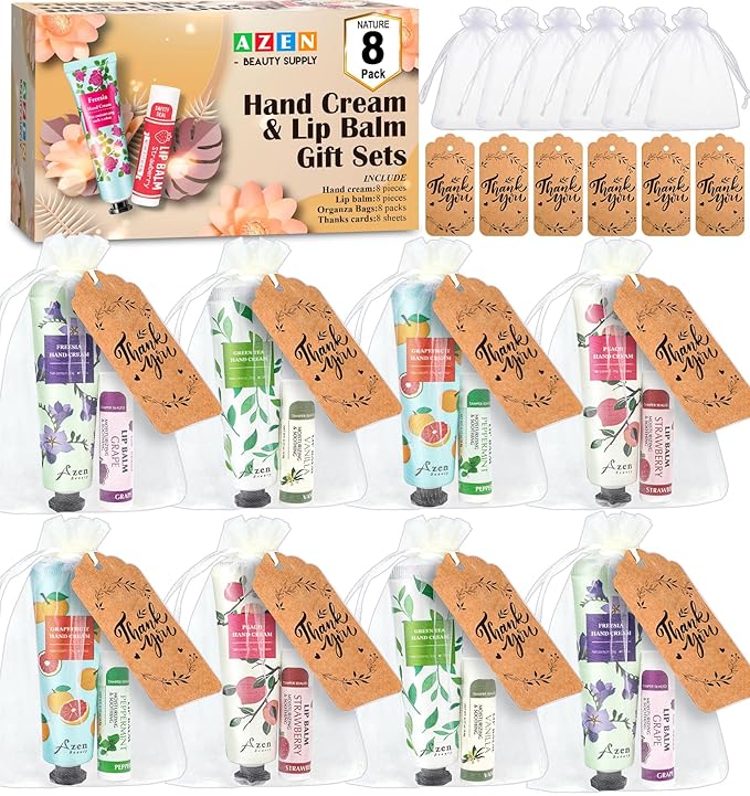 AZEN 8 Sets Bulk Gifts, Hand Cream and Lip Balm Bulk Set with Organza Bag Thank You Card, Baby Shower Wedding Gifts for Guests, Bridal Wedding Favors for Guests,Thank You Gifts for Women