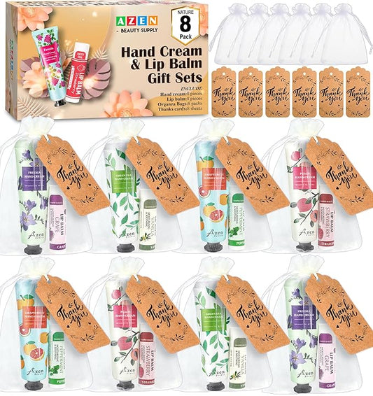 AZEN 8 Sets Bulk Gifts, Hand Cream and Lip Balm Bulk Set with Organza Bag Thank You Card, Baby Shower Wedding Gifts for Guests, Bridal Wedding Favors for Guests,Thank You Gifts for Women