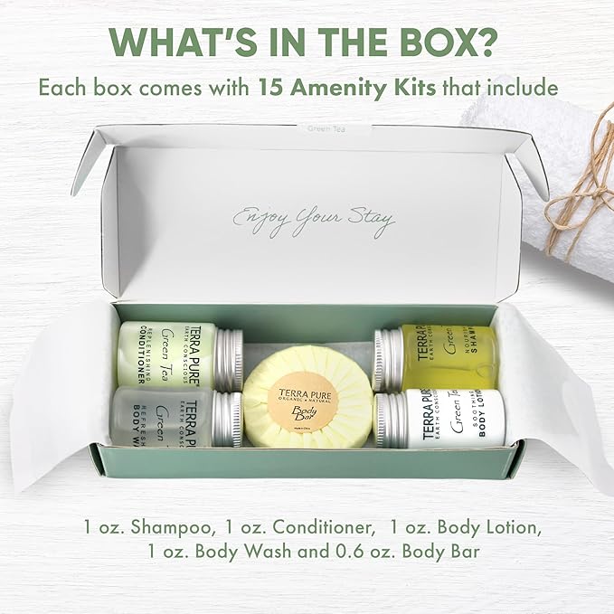 Terra Pure Green Tea Amenity Kit | Boxed Hotel Bulk Toiletries | 1 oz Shampoo, Conditioner, Lotion, Body Wash, Body Bar Soap for Guest Hospitality Vacation Rentals | 15 Sets/Case