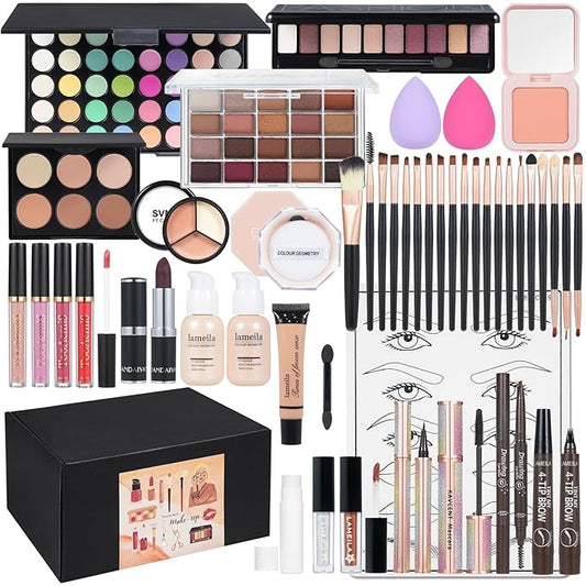 All in One Makeup Kit Makeup Kit for Women Full Kit Multipurpose Makeup ，eyeshadow、 liquid foundation,Loose powder,Eyebrow pencil,4-color lip gloss set