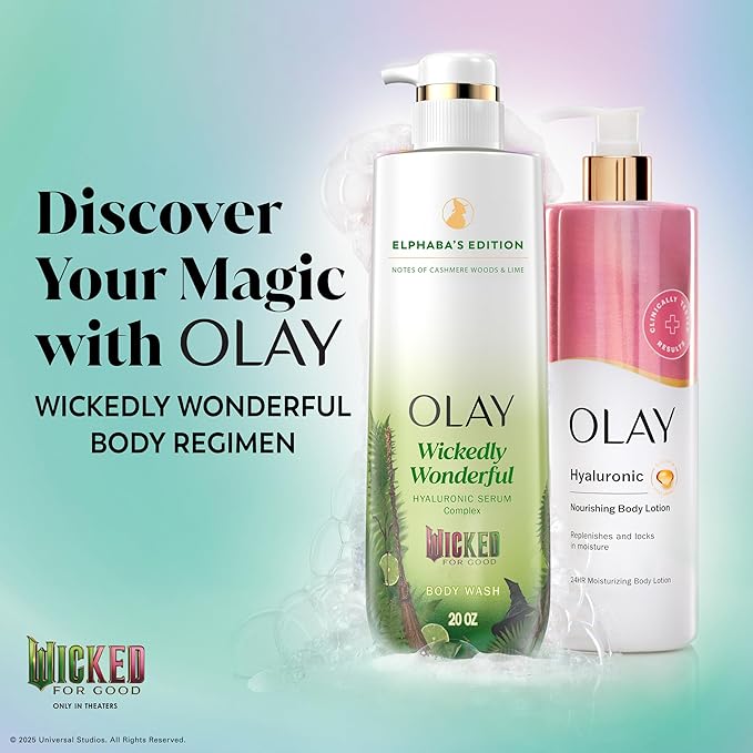 Olay Body Wash for Women, Wickedly Wonderful Elphaba’s Edition, Intensely Hydrating & Renewing, Pro-Hyaluronic Acid Serum with Vitamin B3, For All Skin Types, Cashmere Woods & Lime Scent, 20 fl oz