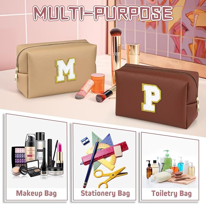 TOPEAST Initial Makeup Bags for Women, Cute Makeup Pouch, Waterproof Travel Toiletry Bag, Personalized Gifts for Girlfriend Wife on Valentine's Day Anniversary, Preppy Stuff Gift for Girl (Brown W)