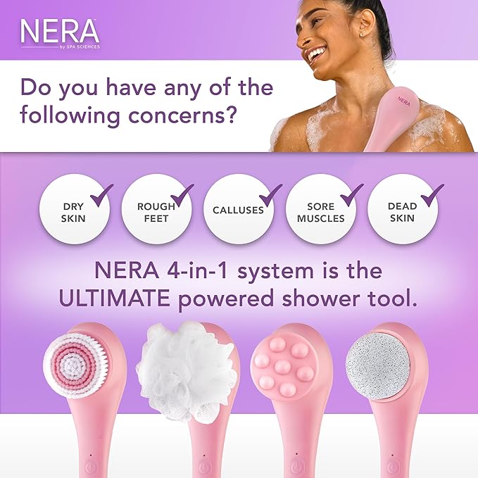 Spa Sciences - NERA - 4-in-1 Shower/Bath Body Brush for Exfoliation, Deep Cleansing, Foot Care, Lotion Infuser, and Massage