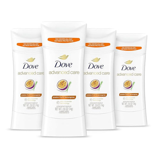 Dove Advanced Care Antiperspirant Deodorant Stick Passion Fruit & Lemongrass scent 4 Count Antiperspirant deodorant with Pro Ceramide Technology 72-hour odor control and all-day sweat protection 2.6oz