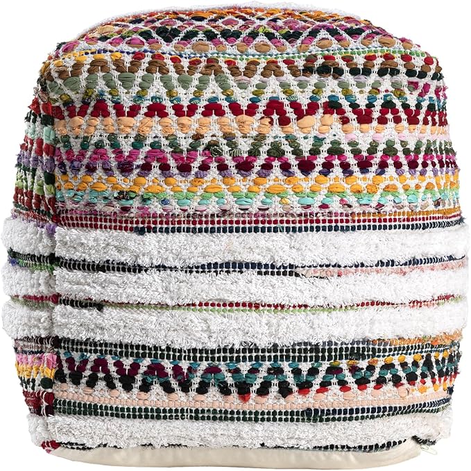 L. R. Resources, Inc. LR Home Multi/White Bohemian Chevron Hand-Made Cotton Blend Ottoman Pouf for Home Decor | Foot Rest for Bedroom & Living Room Decor | 18 x 18 x 18 Stuffed Ottoman for Seating