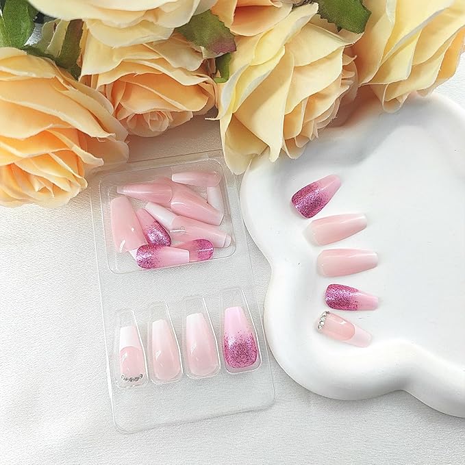 Coffin Press on Nails Medium White French Tip Gradient Fake Nails with Glitter Rhinestones Design False Nails Light Pink Transparent Glue on Nails Glossy Coffin Nails Press ons for Girls 24Pcs
