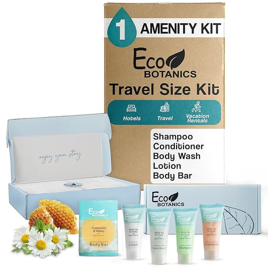Eco Botanics Amenity Kit | Hotel Bulk Toiletries | 0.85 oz Shampoo, Conditioner, Lotion, Body Wash, Body Bar Soap for Guest Hospitality Vacation Rentals| 1 Set/Case