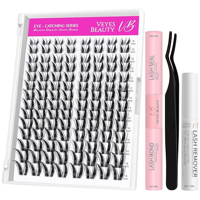 VEYESBEAUTY Lash Clusters Kit Individual Eyelash Extensions Thin & Invisible Band DIY False Eyelashes Newbie's Five-Second Series Wispy Lash Tray, Bunny KIT with Bond&Seal Remover Applicator