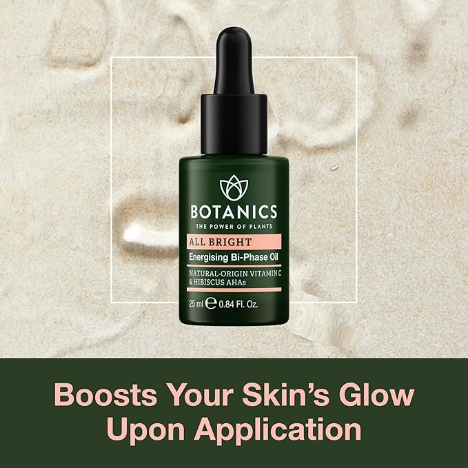 Botanics All Bright Facial Oil - Energizing Bi-Phase Face Oil for Gua Sha and Everyday Radiance - Lightweight & Non-Greasy Glow Serum - Brighten Dull and Uneven Skin (0.84 Fl Oz)