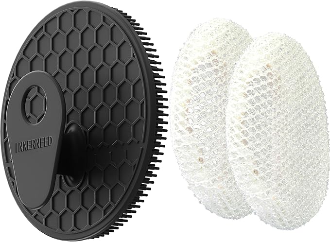 INNERNEED Food-Grade Silicone Body Scrubber Gentle Cleansing Brush with Exfoliating Net Sponge Bath Scrubbing Washcloth Case, More Hygienic and Well Lather (Black Set)
