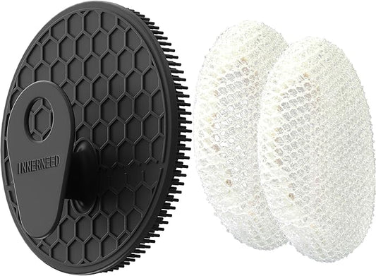INNERNEED Food-Grade Silicone Body Scrubber Gentle Cleansing Brush with Exfoliating Net Sponge Bath Scrubbing Washcloth Case, More Hygienic and Well Lather (Black Set)