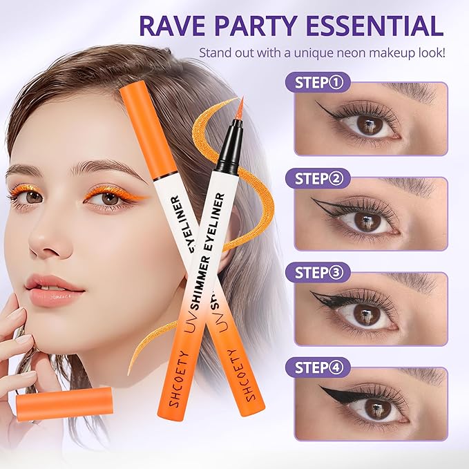Metallic Neon Liquid Eyeliner, Glitter Neon Colored Eyeliners Pen, High Pigmented, Waterproof Smudge-Proof and Long-Lasting Metallic Eye Makeup for Halloween Christmas,Shimmer Orange