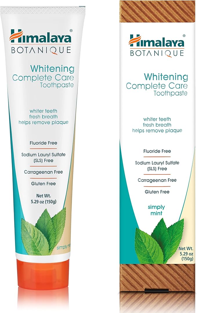 Himalaya Botanique Whitening Complete Care Toothpaste, Teeth Whitening, Fights Plaque, Fluoride Free, No Artificial Flavors, SLS Free, Cruelty Free, Foaming, Simply Mint Flavor, 5.29 Oz, 4 Pack