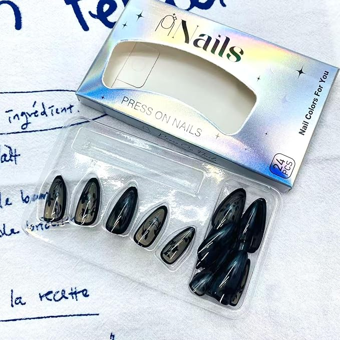 Fall French Tip Press on Nails Medium Almond False Nails with Black Flowers Design Full Cover Glue on Nail Reusable Floral French Tip Acrylic Fake Nails Artificial Stick on Nail for Women