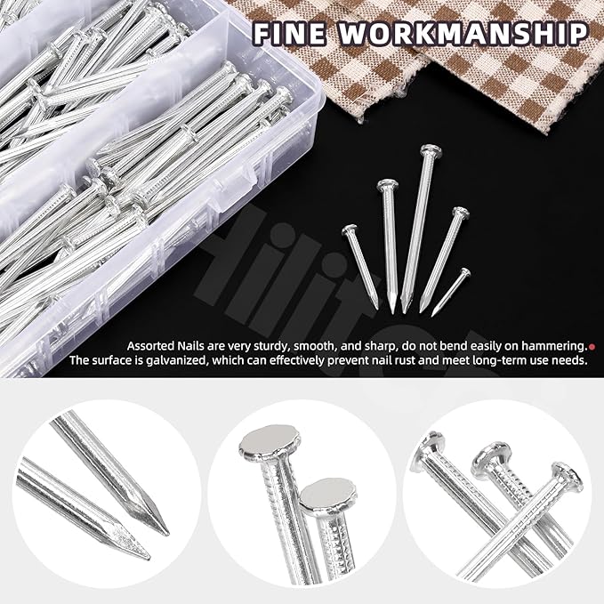 Hilitchi 301PCS 5 Sizes Brick Steel Nails Assortment Kit 0.78" 1.2" 1.58" 2" 2.36" Galvanized Concrete Wall Nail Cement Nails for Concrete Brick Drywall(White)