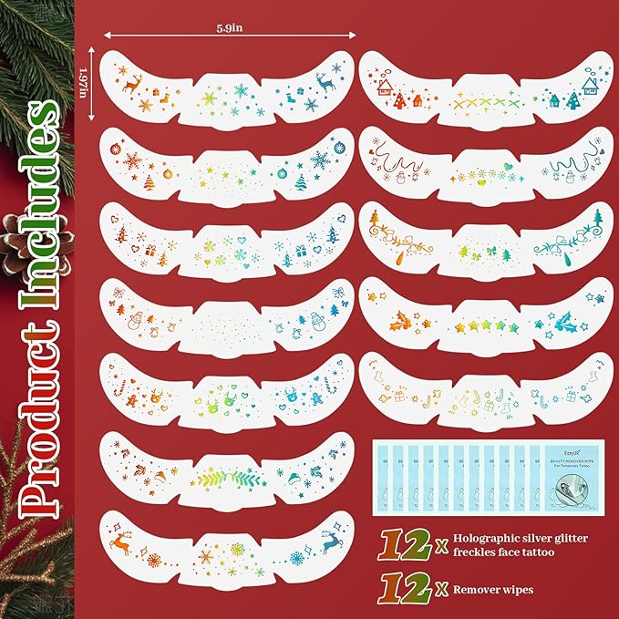 12Pcs Christmas Chameleon Glitter Freckles Face Tattoo, Holographic Multichrome Waterproof Glitter Speckles Patches, Long Lasting Temporary Tattoos Sticker Makeup for Christmas Party Makeup03