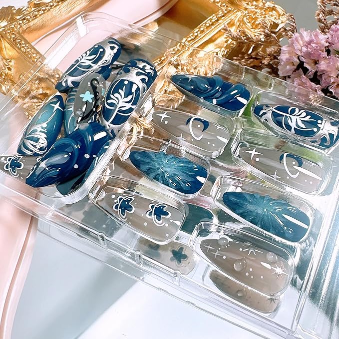 24Pcs Dark Blue Press on Nails Medium Almond Fake Nails with 3D Designs Halloween Acrylic Nails Full Cover Fall False Nail Tips Star Flower Bow Glue on Nails for Women Reusable Nail Kits