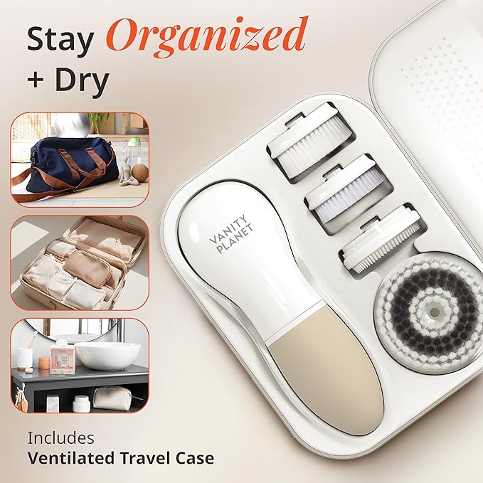 Raedia Handheld Facial Cleansing Brush with 4 Interchangeable Brush Heads by Vanity Planet - Lightweight Daily Cleansing Brush for Glowing Skin - Water Resistant Face Exfoliator - Warm Grey