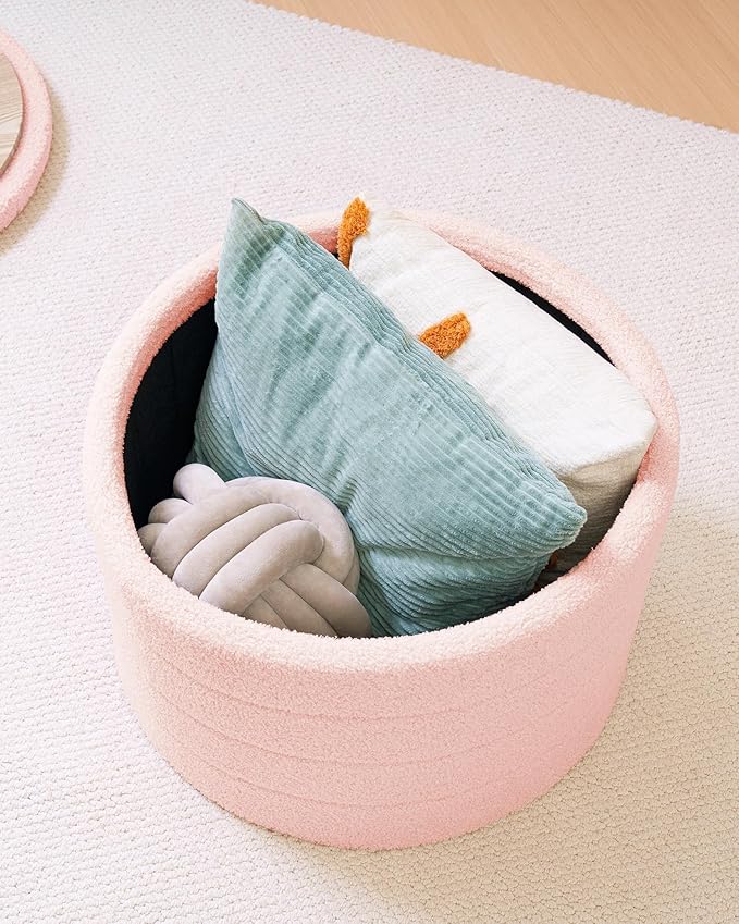 B FSOBEIIALEO Ottoman with Stroage, Round Sherpa Storage Ottoman Stool, Boucle Foot Rest22 x 22"x15.75" (Pink
