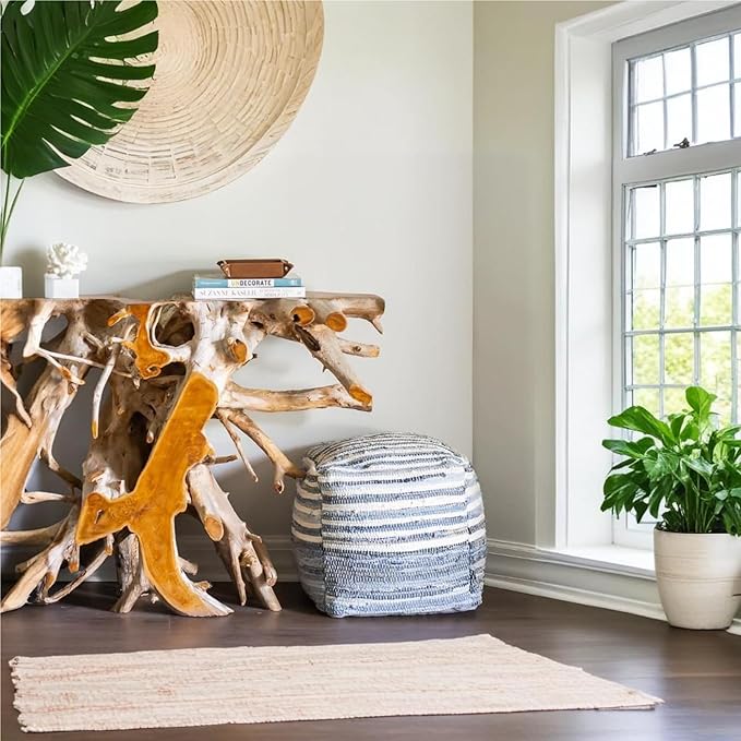 Mark&Day Pouf Ottoman, Korneuburg Natural Fiber Navy Cube Pouf Foot Rest for Living Room, Bedroom and Boho Home Decor (16"x16"x16")