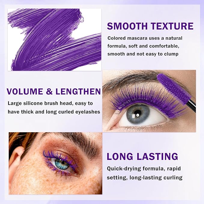 Purple Mascara for Eyelashes,5D Colored Mascara Volume and Length Waterproof,Natural Curling for Women Eye Makeup