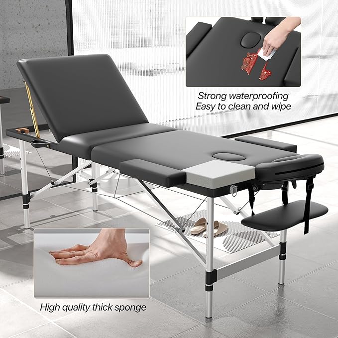 Massage Table Massage Bed, Portable 3 Section Foldable Tattoo Bed, Height Adjustable Lash Spa Bed with Face Cradle, Home Light Weight Facial Salon Bed with Aluminum Frame, Black