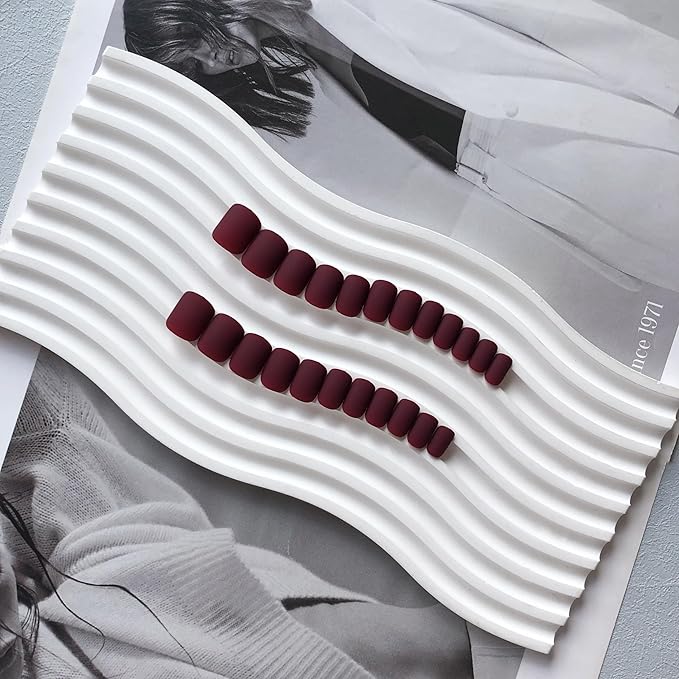 KQueenest Matte Dark Red Press On Nails Short Square Fake Nails for Women More Burgundy Glue on Nails Short Coffin Arcylic Nails Press ons for DIY Manicure in 24 Pcs