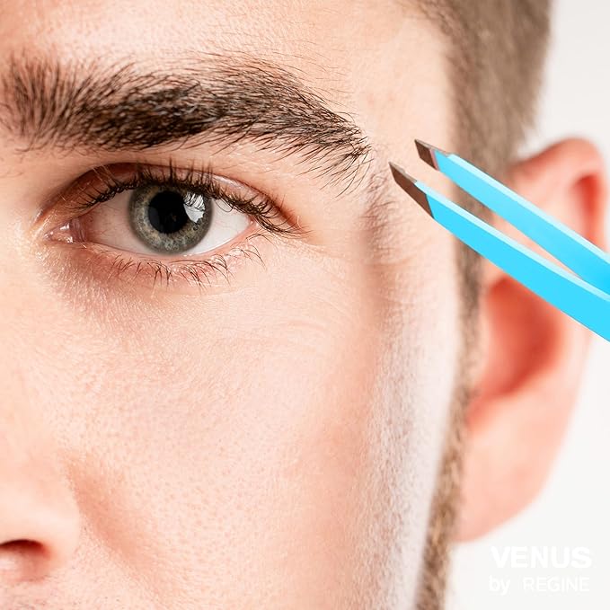 Venus by Regine Slant Tweezers - Handmade Precision Tool for Women & Men, 25-Degree Angle for Shaping Eyebrows & Grooming Facial Contours, Suitable for Eyebrow & Facial Hair Removal (Bright Blue)