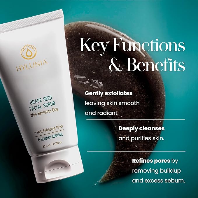 Hylunia Skincare Grape Seed Facial Scrub – Gentle Exfoliating Face Scrub with Ground Grape Seed, Bentonite Clay, and Alpha Hydroxy Acid for smooth, glowing skin and refined pores, 5.1oz