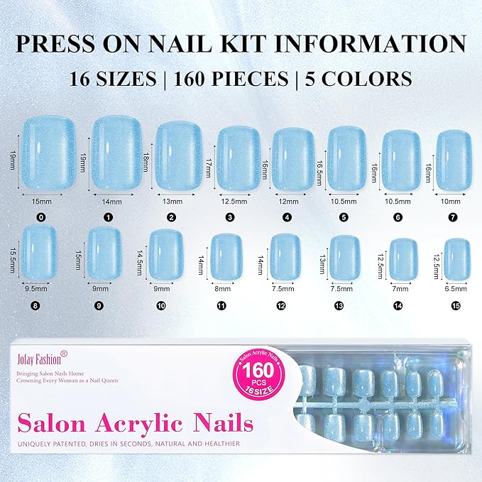 Press on Nails Short 5 Styles, Jofay Fashion 160Pcs Summer Cat Eye Press on Nails for Women, Reusable Opaque Gel Fake Nails, Square Glue On Nails in 16 Sizes, Island