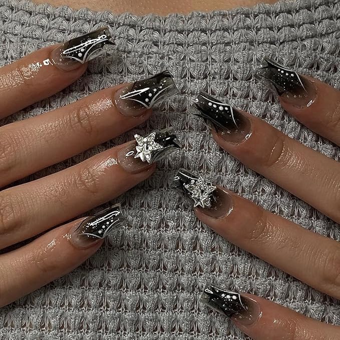 24Pcs Black Press on Nails Medium Square Fake Nails Silver Star Nail Rhinestones with Gradient Black Full Cover Reusable Artificial Nails Glue on Nails Chrome False Nails for Women Girls Acrylic Nails
