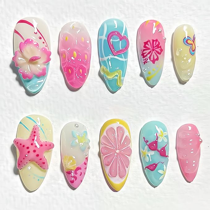 3D Flower Summer Press on Nails Medium Almond Fake Nails with Heart Butterfly Lemon Designs Starfish False Nails Full Cover Artificial Glue on Nails Handmade Acrylic Nails Stick on Nails for Women