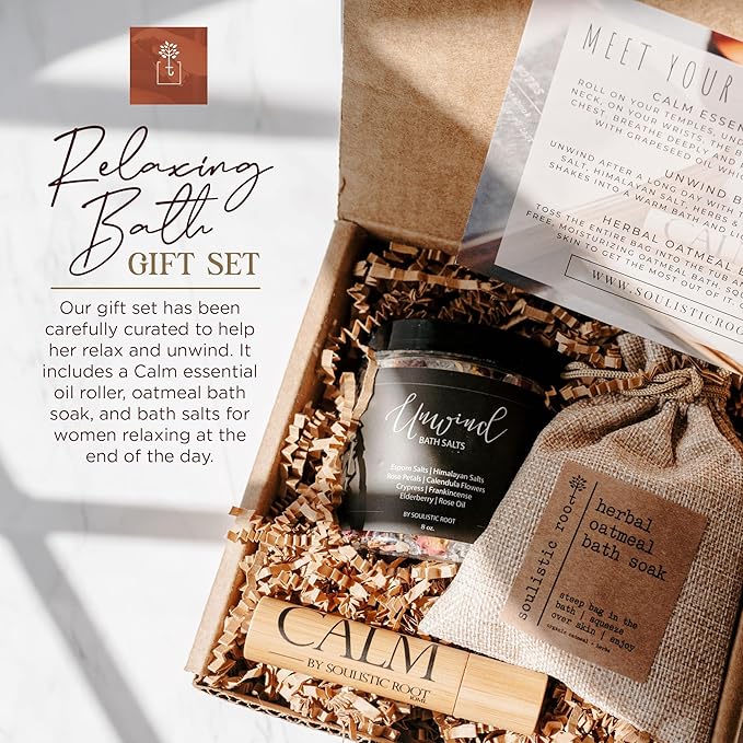 Relaxing Bath Gift Set, Luxury Spa Gifts for Women, Self Care Products for Women and Men, Calm Essential Oil Roller, Oatmeal Lavender Bath Soak & Epsom Salts with Essential Oils