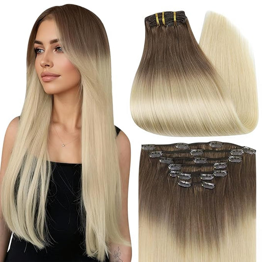 Full Shine Blonde Ombre Clip in Hair Extensions Real Human Hair Dark Brown to Bleach Blonde Hair Clip in Extensions Remy 120 Grams 14 Inch