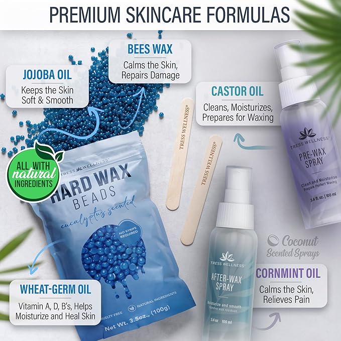 Tress Wellness Waxing Kit for Sensitive Skin – Safe for Face & Skin, Prep & Aftercare Spray, Easy to Use – At-Home Kit for Face, Bikini, Brazilian & Full Body - Digital Display, Blue