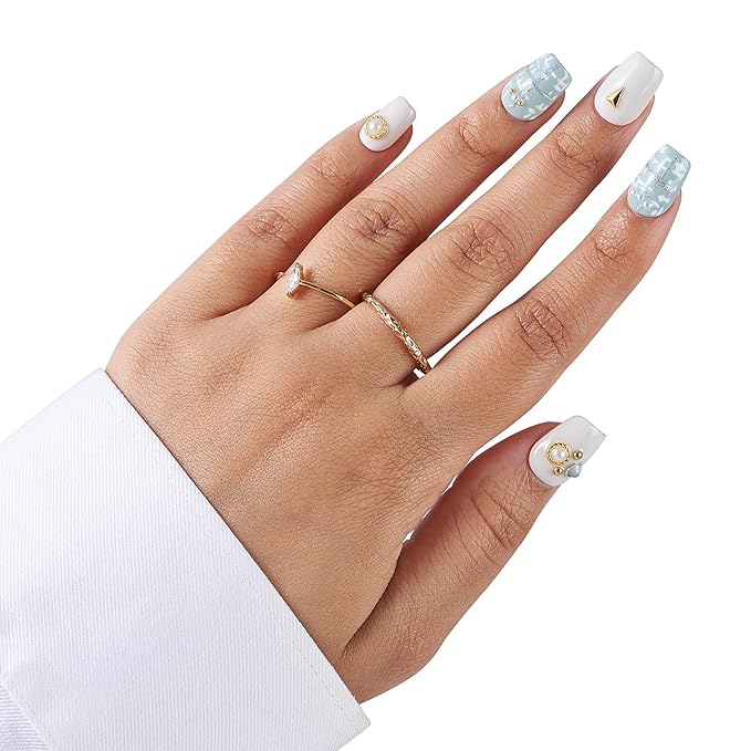 Large-Frosted Mint Charm Fake Nails Press-On Manicure Kit for Women | French Tip 10 Nails | Nail Glue, Dual Nail File, Cuticle Stick, Buffer Block | Measure Before Ordering