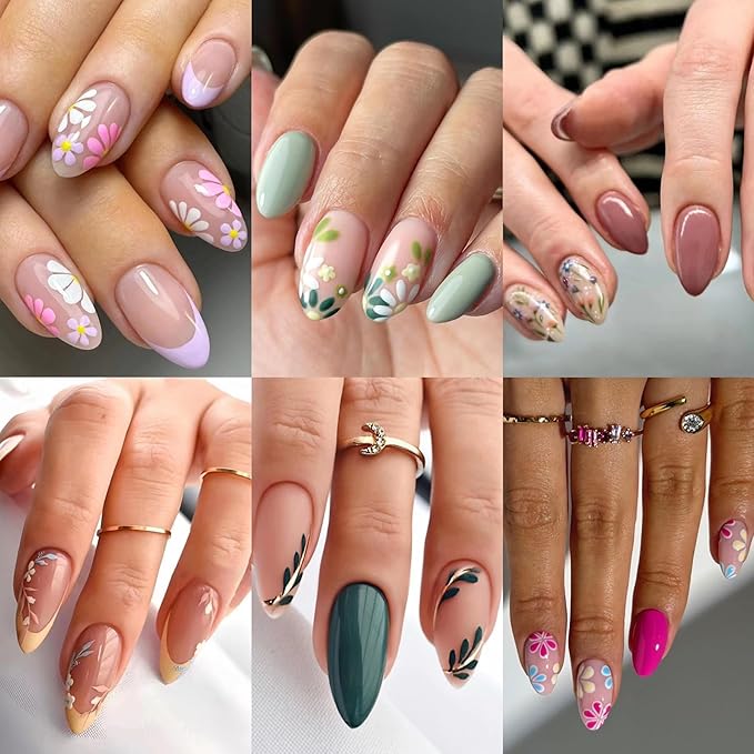 6 Packs (144 Pcs) Almond, Flower & Leaf Press on Nails - Short, Medium Sizes - 6 Styles - Fake Nails Kit for Women