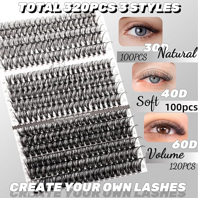 DIY Lash Extensions Kit 320pcs Individual Lashes Clusters 30D 40D 60D D Curl Eyelash Extension Kit with Applicator and Lash Bond&Seal, Lash Remover For False Eyelash Mix 11-20mm (30D+40D+60D KIT)