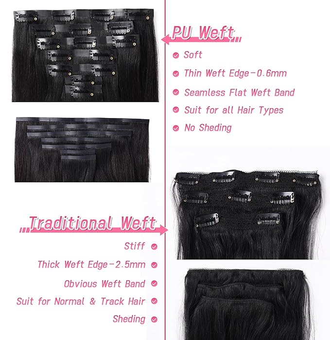 Essent Seamless Sleek Straight Clip in Hair Extensions Seamless Real Human Hair, 24 Inch 1Pack 130g 7Pcs Human Hair Extensions for Women Natural Black