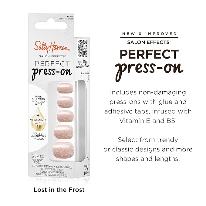 Sally Hansen Salon Effects Perfect Press-On Nails | Sq-oval Shape | Easy to Apply, Non-Damaging | 30 Nails, Nail Glue, Adhesive Tabs, File | Lost in the Frost