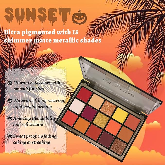 UCANBE Orange Eyeshadow Makeup Palette, 15 Colors Vibrant Shimmer Matte Glitter Eye Shadow Pallet, High Pigmented Warm Yellow Sunset Red Coral for Fall Cosplay Halloween Costume Parties Pumpkin Makeup
