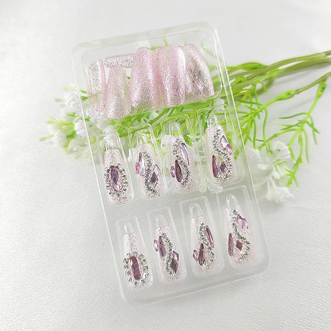 5D Decorate Press on Nails Medium Fake Nails Coffin 24Pcs Transparent Acrylir for Women Nail Press ons Gem Rhinestones Glue on Nails with Glitter Designs Pink Stick on Nails for Women Art Manicure