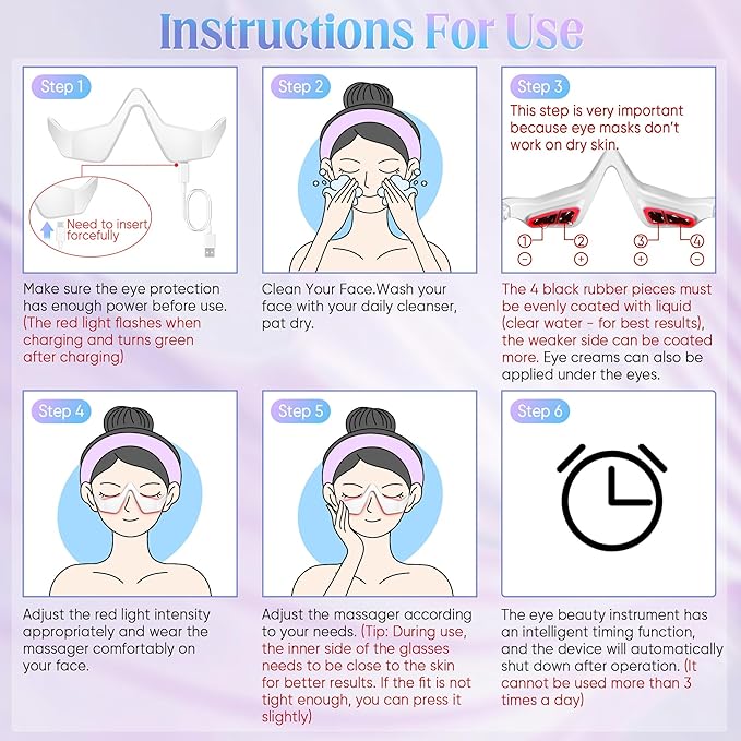 Under-Eye Light Therapy Device, Beauty Device with Eye Massage for Relieve Eye Bags, Eye Fatigue, Dark Circles, with Gel and Glasses Strap (White & 2 modes)