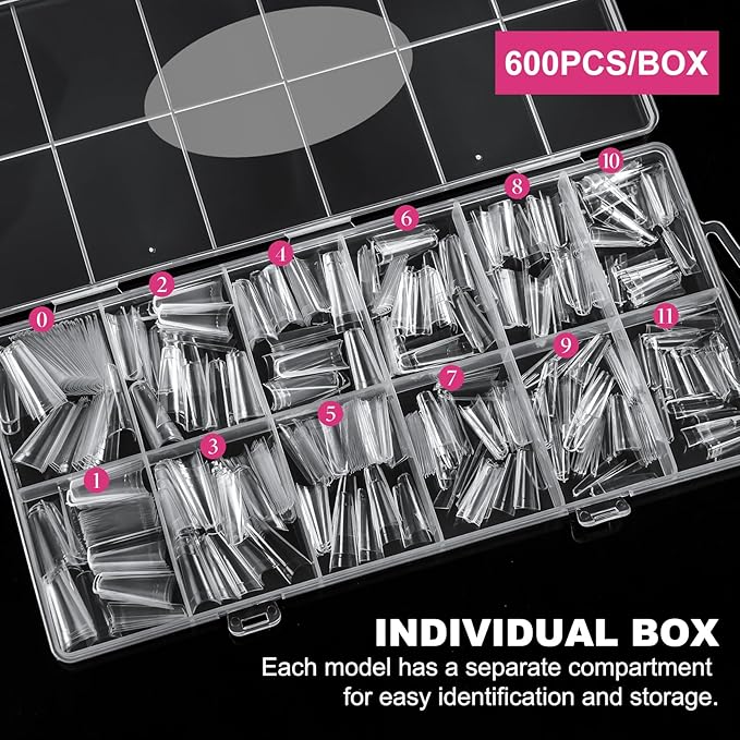 krofaue 1200PCS Coffin Nail Tips - Half Cover Nail Tips 12 Size False Nail Tips for Acrylic Nails Professional Manicure with Box for Artificial Fake Nail Tip Art Salon Home (Clear & Natural)