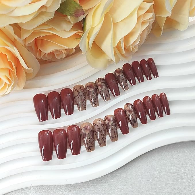 Coffin Press on Nails Medium Fake Nails with Flower Leaf Design Glue on Nails Brown Full Cover Nails Press ons Cute Fall False Nails Glossy Coffin Stick on Nails for Women 24Pcs