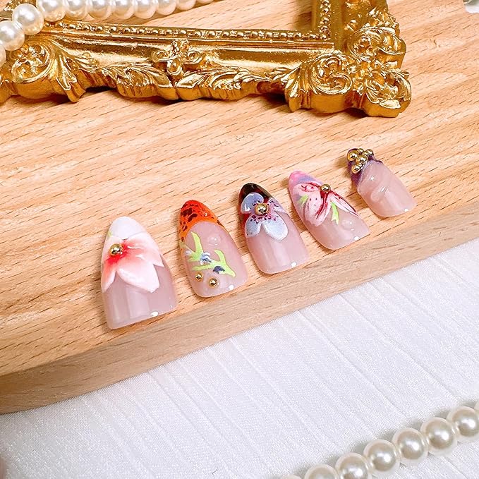 24Pcs Autumn Flower Press on Nails Medium Almond French Tip Fake Nails with 3D Flowers Gold Beads Glue on Nail Fall Floral Leaf False Nails Nude Acrylic Nail Tips Full Cover Stick on Nails for Women